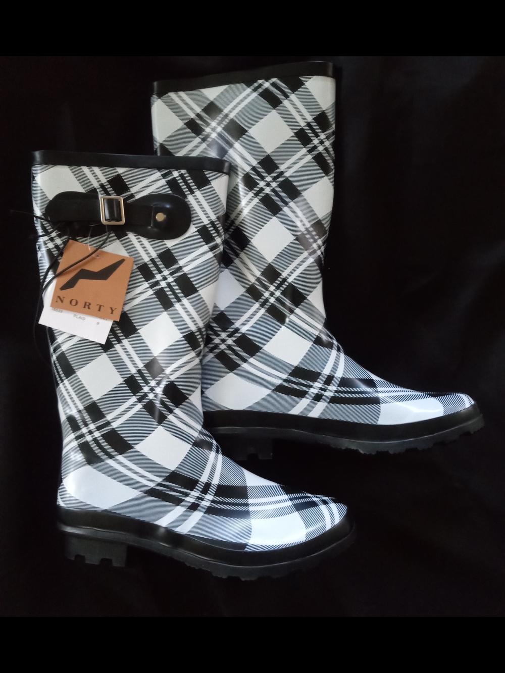 NORTY Black & White Plaid Women's Rain Boots with Buckle Trim